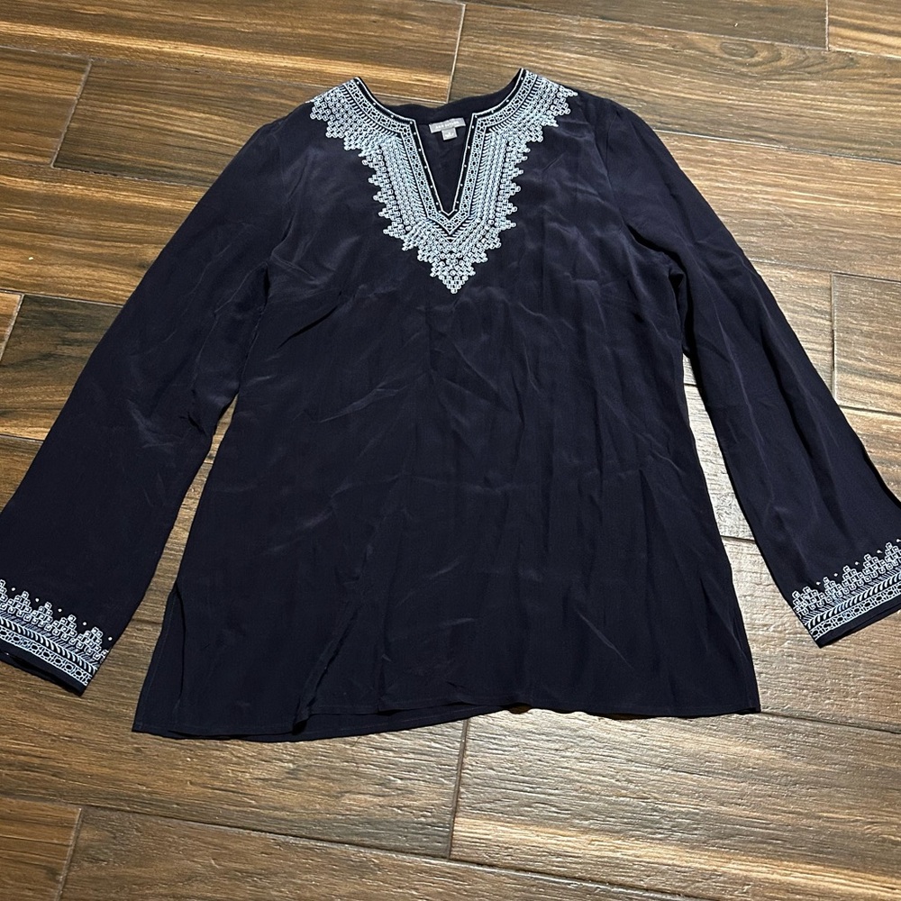 Ann Taylor Silk Blouse Navy Blue Medium Embroidered Neck and Long Sleeve